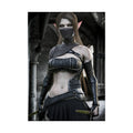 Fantasy wall art featuring a masked dark elf assassin with twin daggers, sleek armor, and piercing eyes in a shadowy medieval fortress setting.