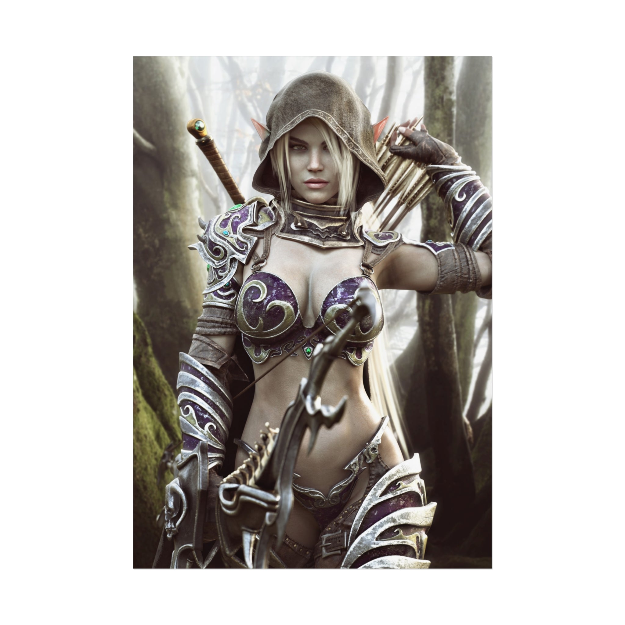 Fantasy wall art featuring a hooded dark elf archer in ornate purple armor, aiming a detailed bow in an enchanted forest filled with mystery.