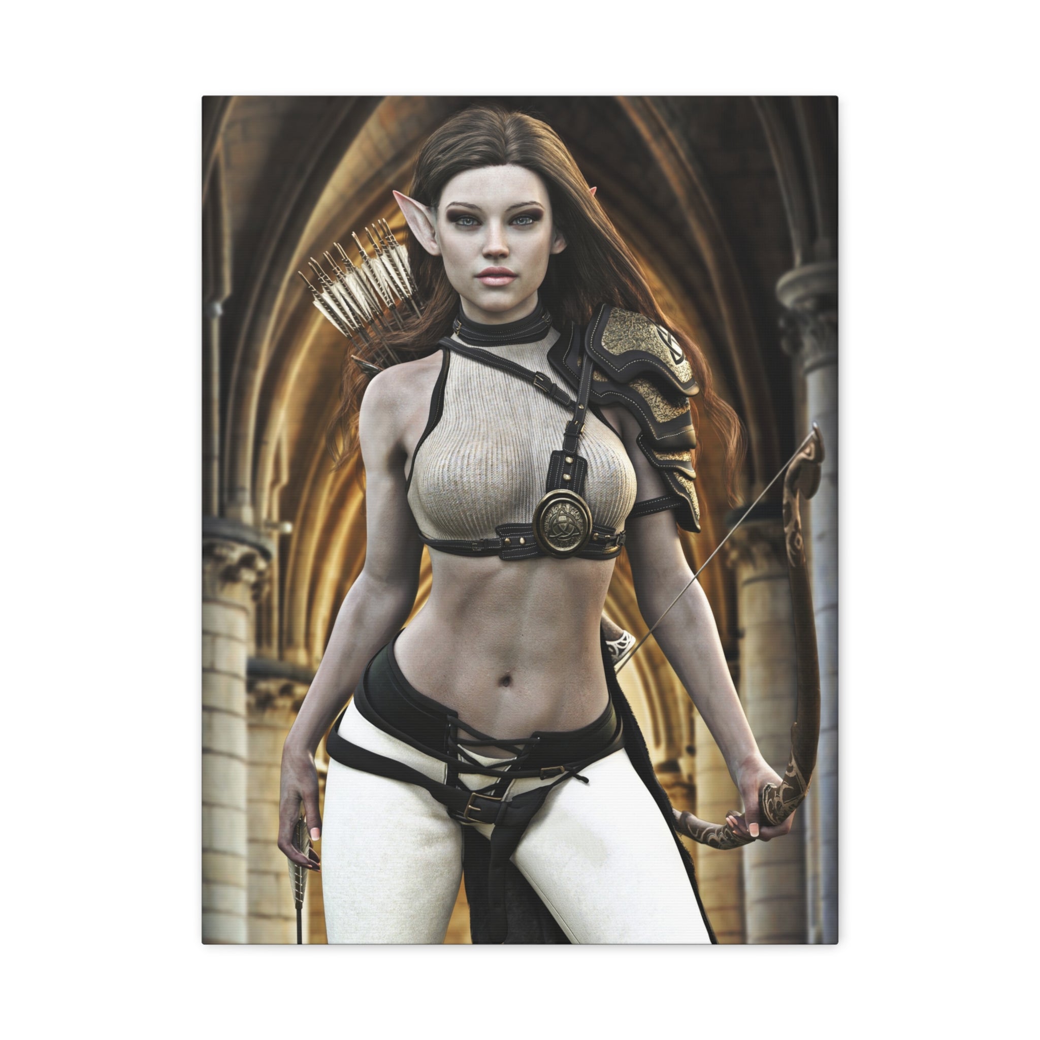 Fantasy wall art featuring a stunning female elf archer with ornate armor, a carved bow, and arrows, standing before majestic cathedral arches in a magical realm.
