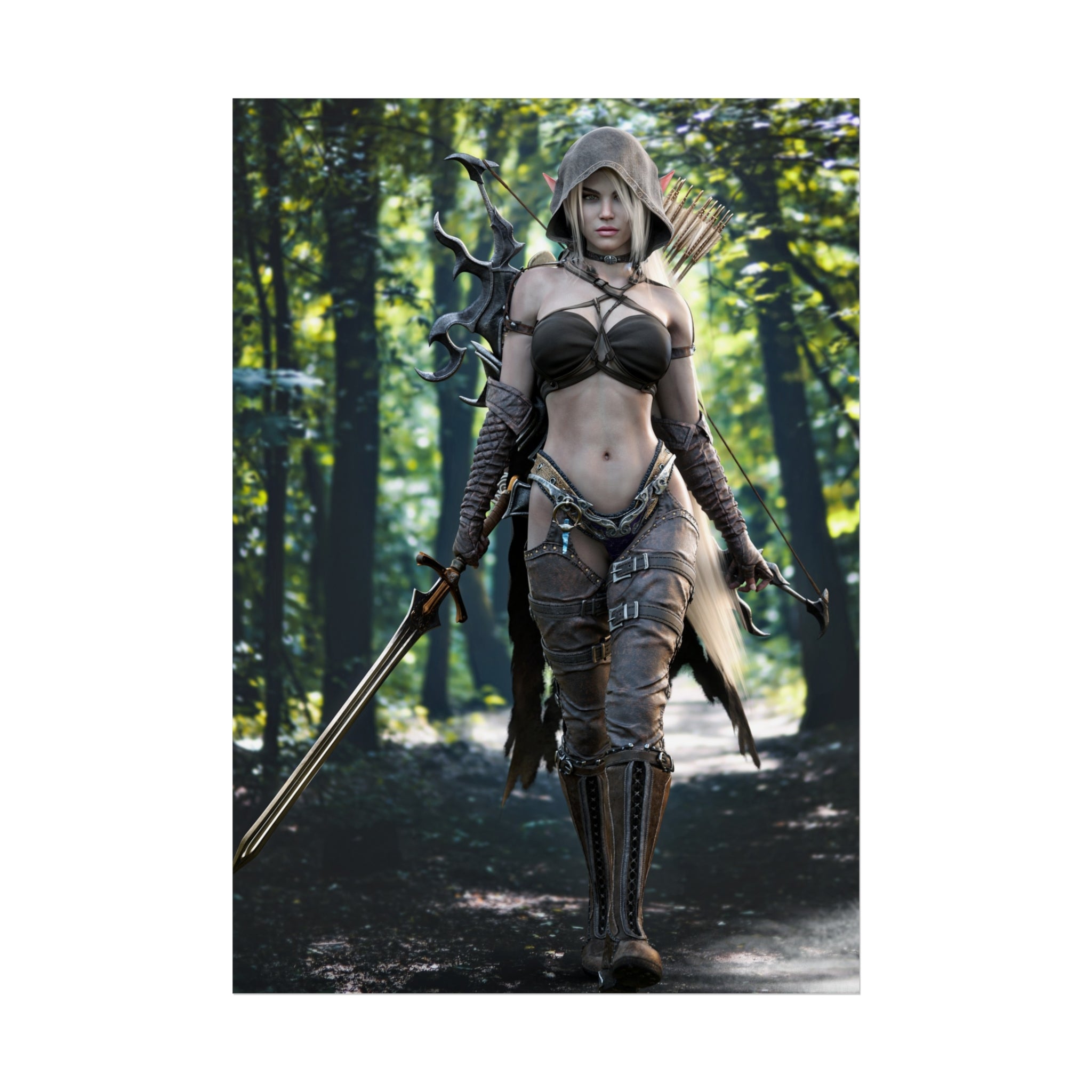 Fantasy wall art featuring a hooded elf warrior with sword, bow, and quiver, walking through a sunlit forest on an epic adventure quest.