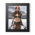 Fantasy wall art featuring a red-haired Viking warrior holding twin axes, standing in a snowy landscape with fur armor and a fierce gaze.
