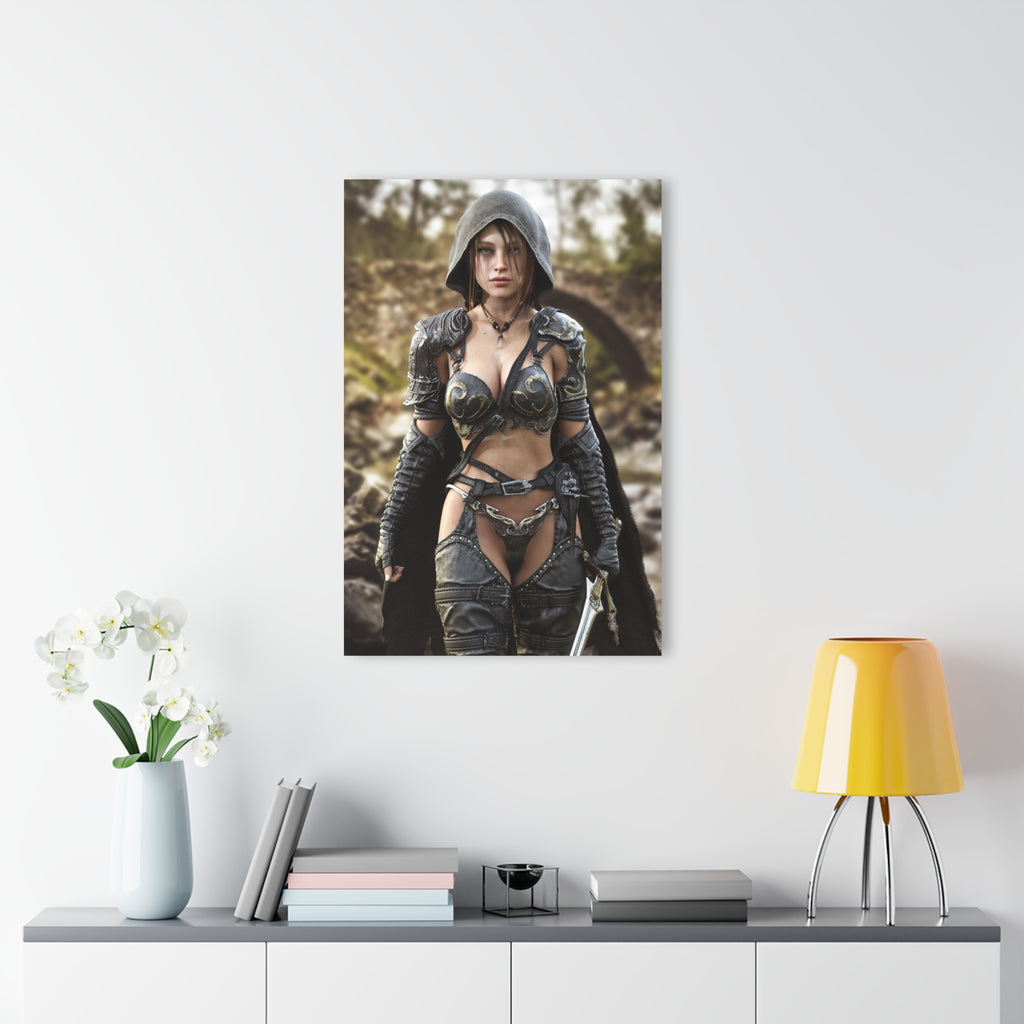 A hand-crafted fantasy illustration of a hooded female ranger wearing ornate medieval armor while standing beside a mountain river. Detailed leather gear, engraved metal armor, realistic lighting, and a cinematic wilderness backdrop create an immersive fantasy scene filled with adventure, courage, and timeless heroic storytelling.
