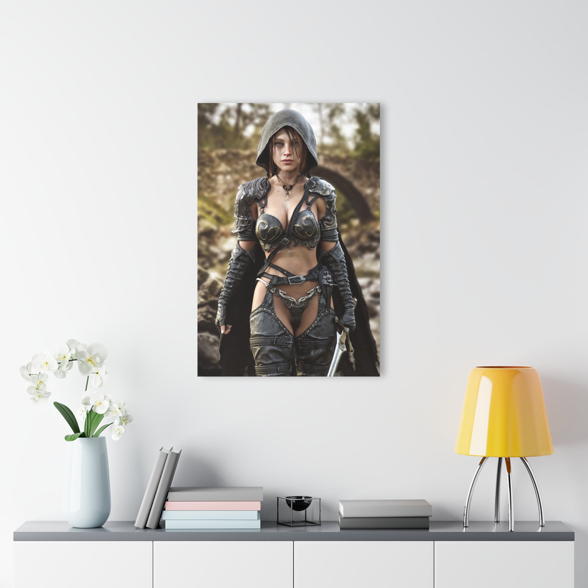 A hand-crafted fantasy illustration of a hooded female ranger wearing ornate medieval armor while standing beside a mountain river. Detailed leather gear, engraved metal armor, realistic lighting, and a cinematic wilderness backdrop create an immersive fantasy scene filled with adventure, courage, and timeless heroic storytelling.
