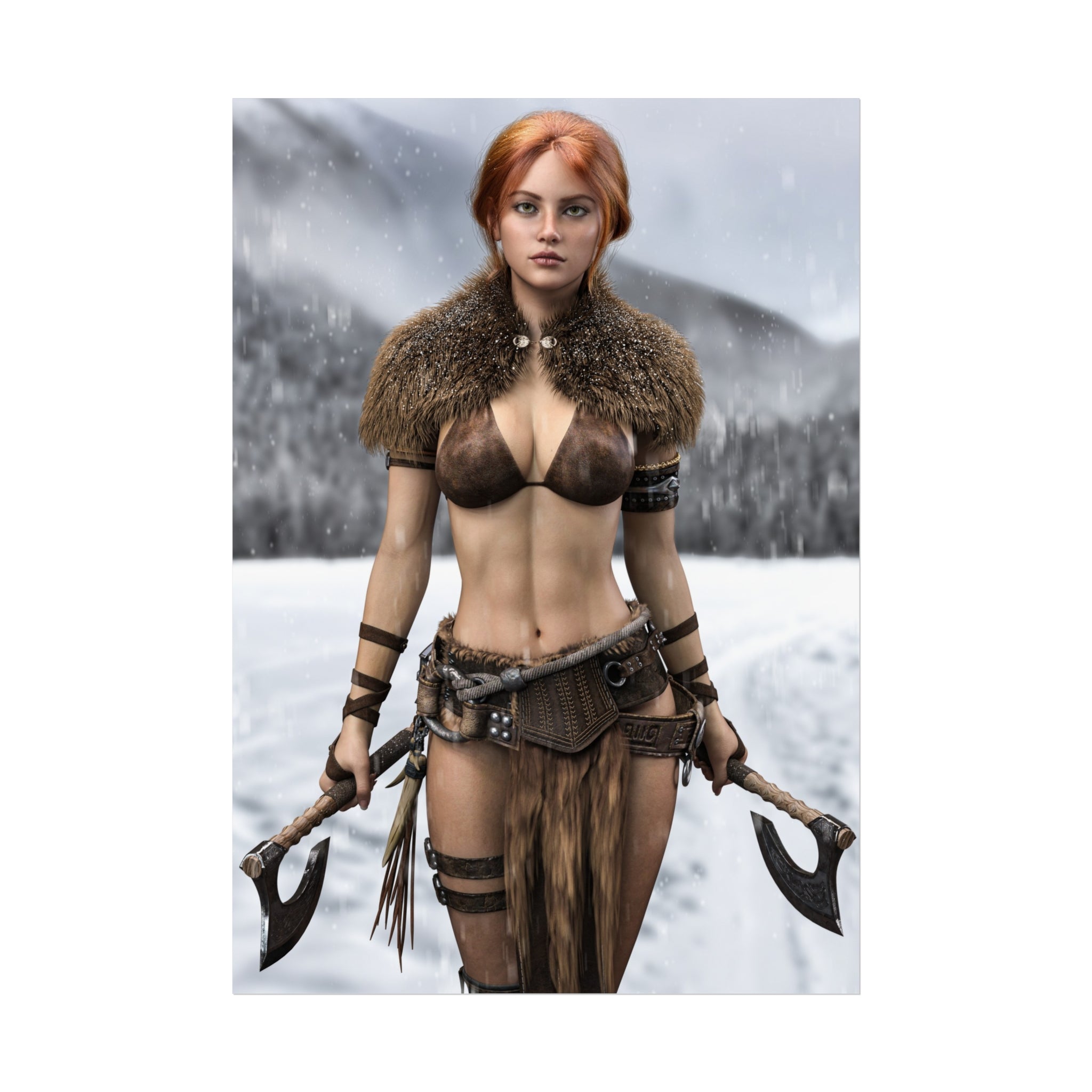 Fantasy wall art featuring a red-haired Viking warrior holding twin axes, standing in a snowy landscape with fur armor and a fierce gaze.