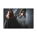 Fantasy wizard wall art featuring an ancient hooded sorcerer with a flowing silver beard, reaching forward as if casting a powerful spell from the shadows.