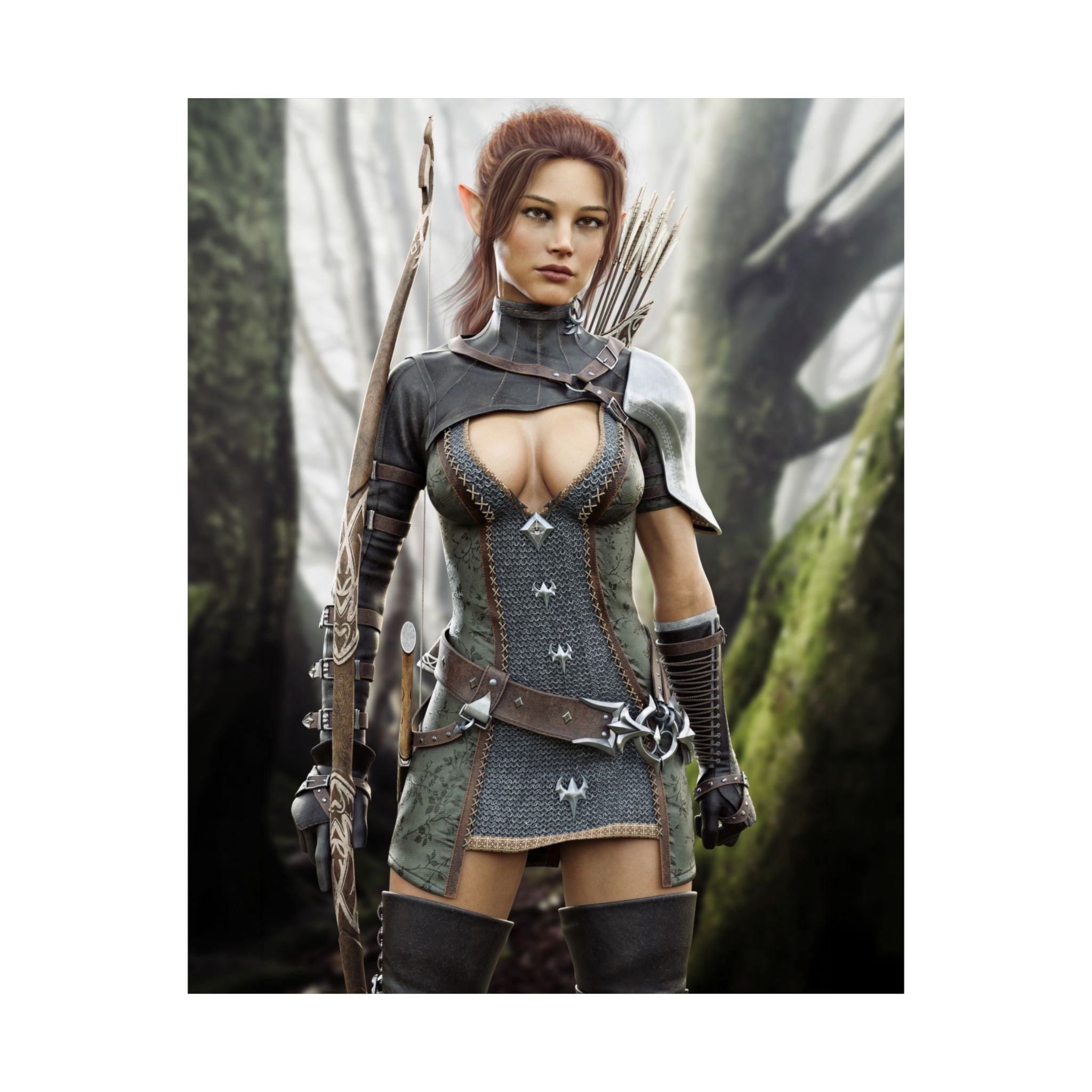 A hand-crafted fantasy illustration of a fearless female elf ranger standing in an enchanted forest with an ornate carved longbow, quiver of arrows, chainmail armor, leather belts, and polished shoulder armor. Cinematic lighting, realistic textures, and lush woodland scenery create an immersive fantasy adventure.