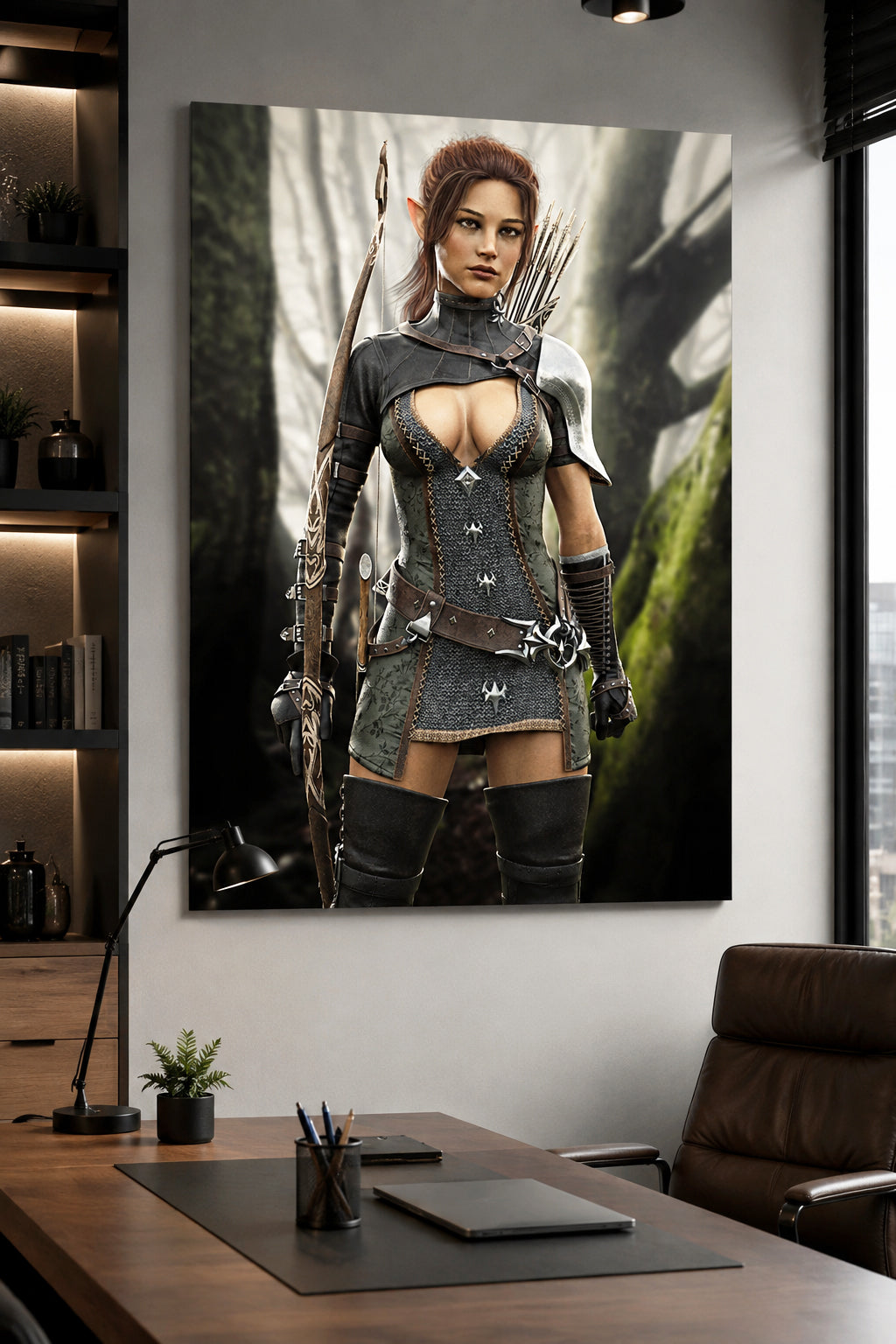 A hand-crafted fantasy illustration of a fearless female elf ranger standing in an enchanted forest with an ornate carved longbow, quiver of arrows, chainmail armor, leather belts, and polished shoulder armor. Cinematic lighting, realistic textures, and lush woodland scenery create an immersive fantasy adventure.