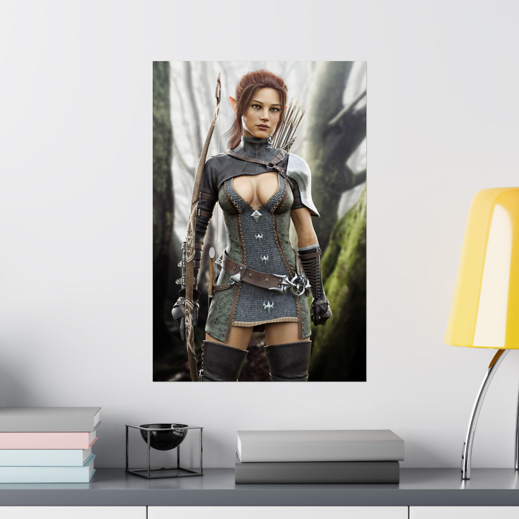 A hand-crafted fantasy illustration of a fearless female elf ranger standing in an enchanted forest with an ornate carved longbow, quiver of arrows, chainmail armor, leather belts, and polished shoulder armor. Cinematic lighting, realistic textures, and lush woodland scenery create an immersive fantasy adventure.