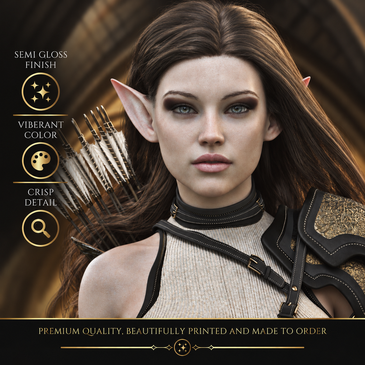 Close-up of female elf archer fantasy wall art with long brown hair, pointed ears, detailed armor and arrows, showcasing vibrant color, crisp detail and a premium semi-gloss poster finish.
