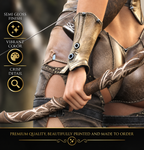 Close-up of a female fantasy archer holding an intricately carved wooden bow, highlighting detailed leather armor, bracers and premium fantasy poster print quality.