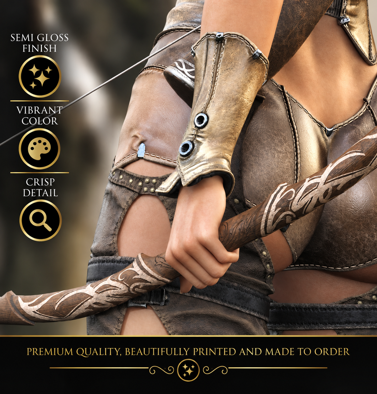 Close-up of a female fantasy archer holding an intricately carved wooden bow, highlighting detailed leather armor, bracers and premium fantasy poster print quality.