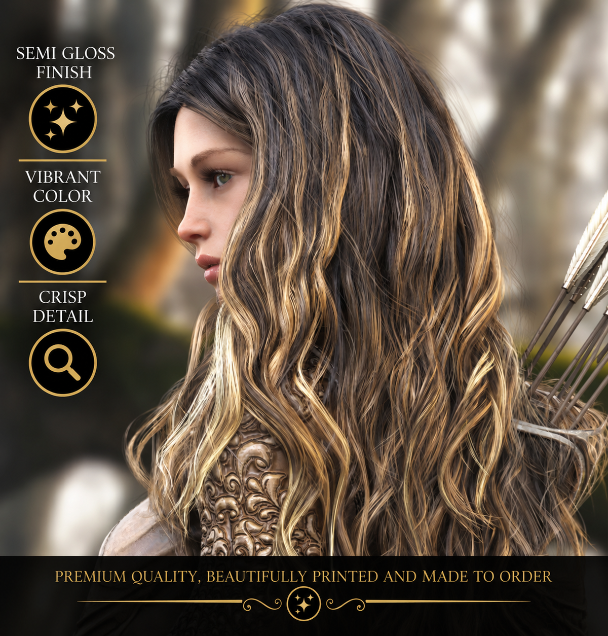 Close-up profile of a female fantasy archer with long highlighted hair, ornate armor and a quiver of arrows, showcasing vibrant color and crisp poster detail.