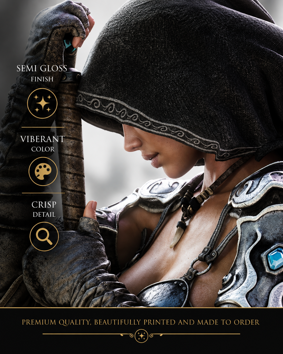 Close-up of female fantasy knight wall art showing detailed dark armor, knight helmet and premium semi-gloss poster print quality.