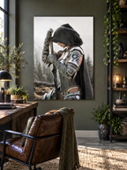 Female fantasy knight wall art displayed in a dark luxury office with rich wood accents and natural light, showcasing a premium fantasy poster.