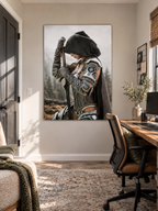 Female fantasy knight poster displayed in a bright modern office, showcasing detailed armored fantasy artwork as dramatic wall decor.