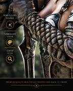 Close-up of female fantasy knight poster showing intricate dark metal armor, layered textures and crisp semi-gloss print detail.