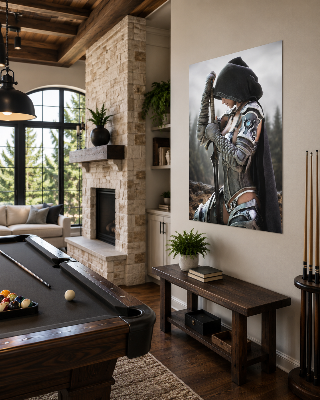 Female fantasy knight poster displayed in a rustic upscale office, featuring dramatic armored character wall art as statement decor.