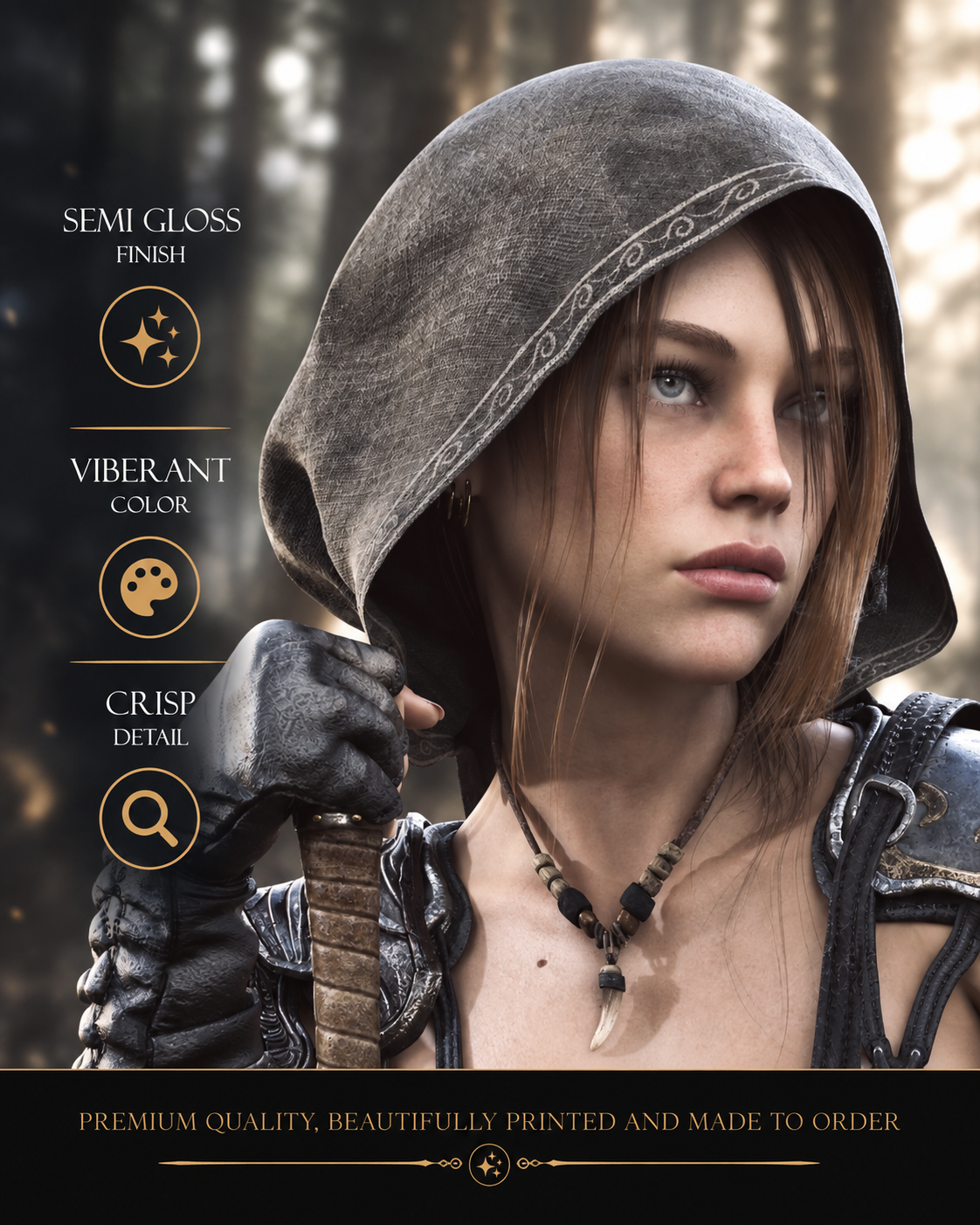 Female fantasy ranger poster detail showing a hooded warrior with premium semi-gloss finish, vibrant color and crisp artwork detail.