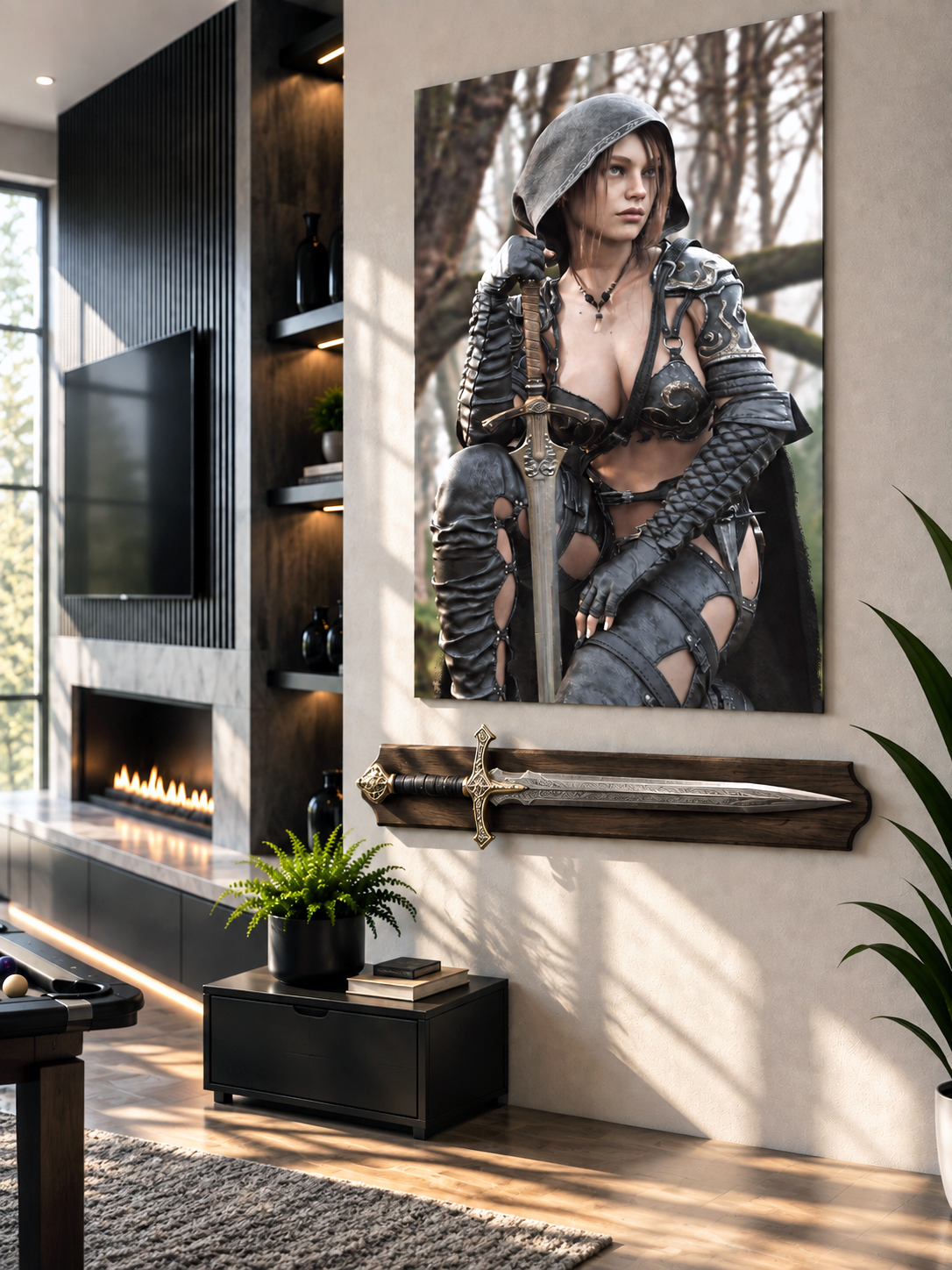 30x40 semi-gloss female fantasy ranger poster displayed in a modern room with a medieval sword mounted beneath the artwork.