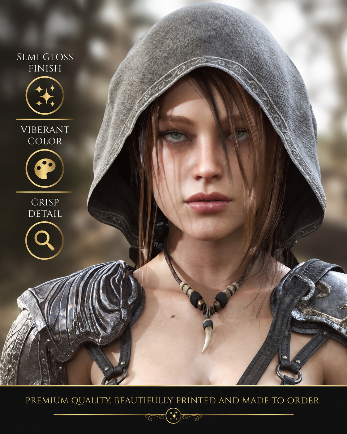 Close-up of hooded female fantasy warrior wall art showing detailed facial features, weathered armor and premium semi-gloss poster print quality.