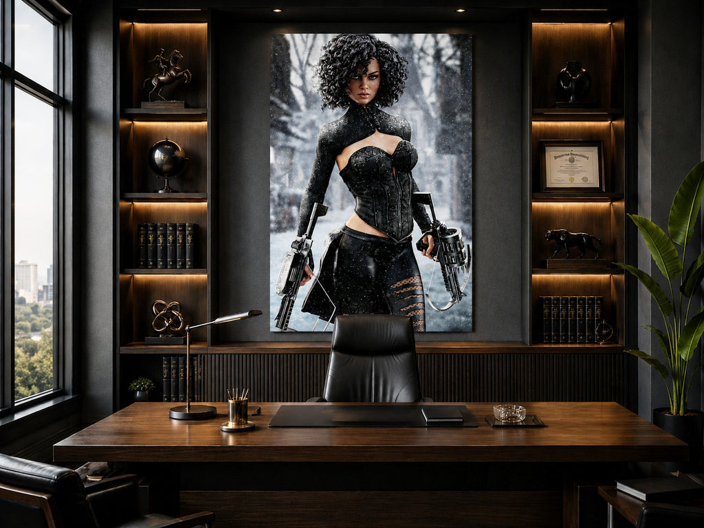 Fantasy female hunter in a snowy forest wielding futuristic crossbows, dressed in elegant black armor with falling snow and icy scenery.