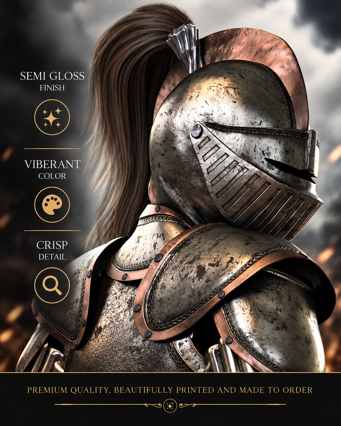 Close-up of a battle-worn female knight in detailed medieval armor highlighting the semi-gloss finish, vibrant color and crisp detail of the premium fantasy poster.