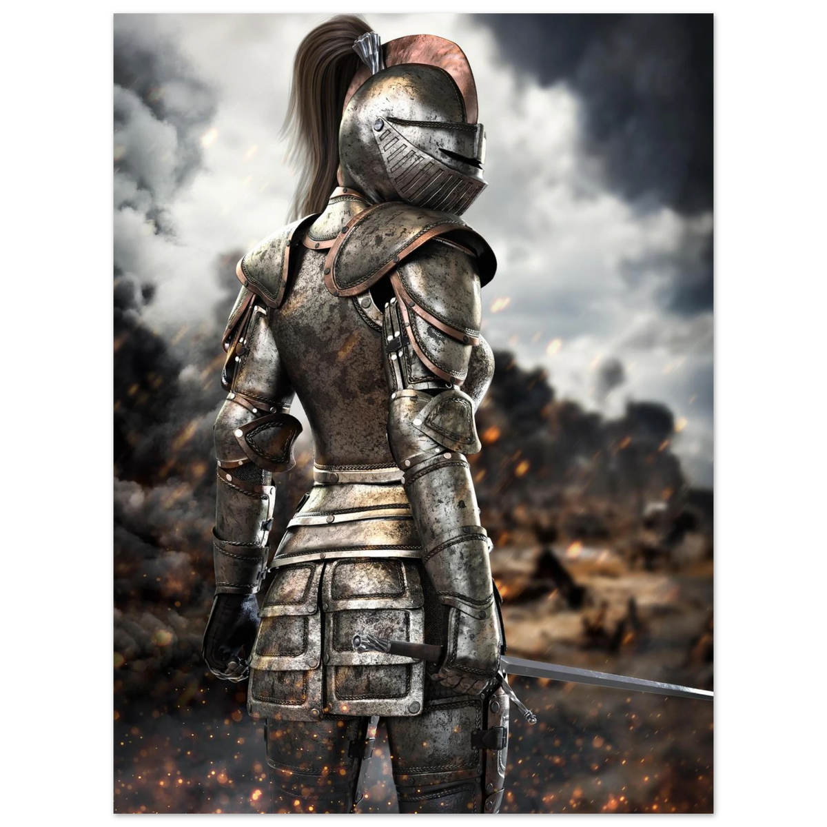 Female knight in battle-worn medieval armor holding a sword on a dramatic fantasy battlefield with smoke, fire and glowing embers.