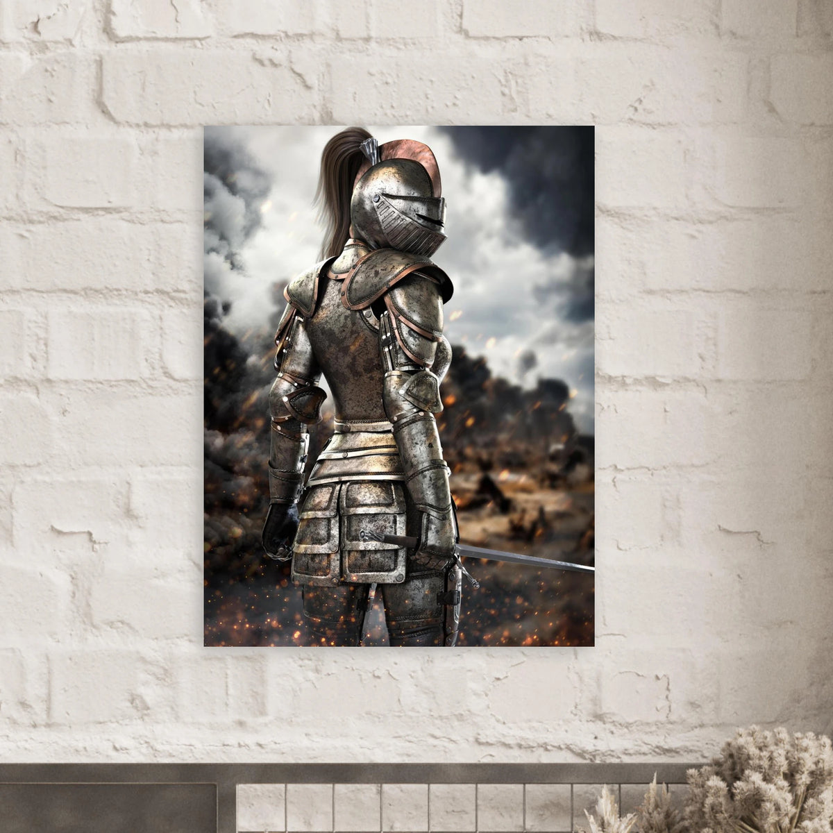 Female knight in battle-worn medieval armor holding a sword on a dramatic fantasy battlefield with smoke, fire and glowing embers.