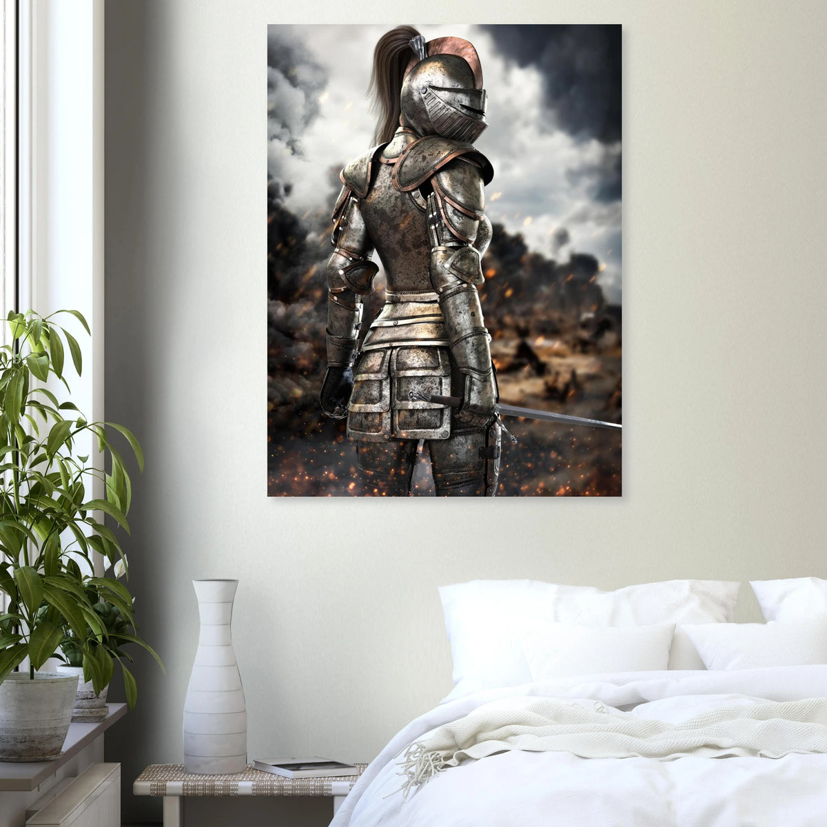  Female knight in battle-worn medieval armor holding a sword on a dramatic fantasy battlefield with smoke, fire and glowing embers.