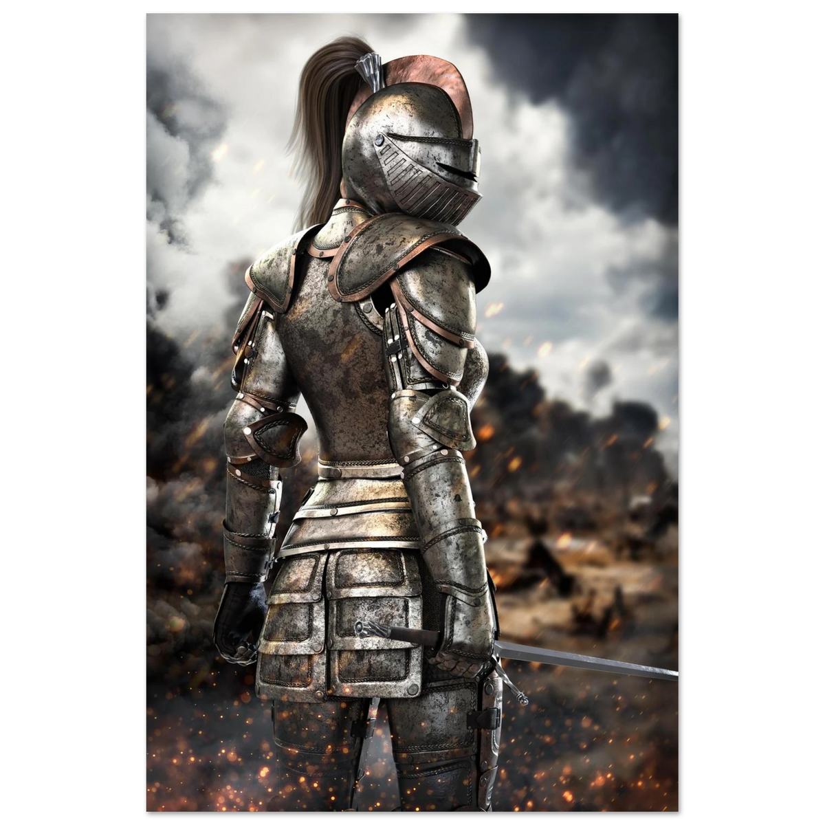 Female knight in battle-worn medieval armor holding a sword on a dramatic fantasy battlefield with smoke, fire and glowing embers.