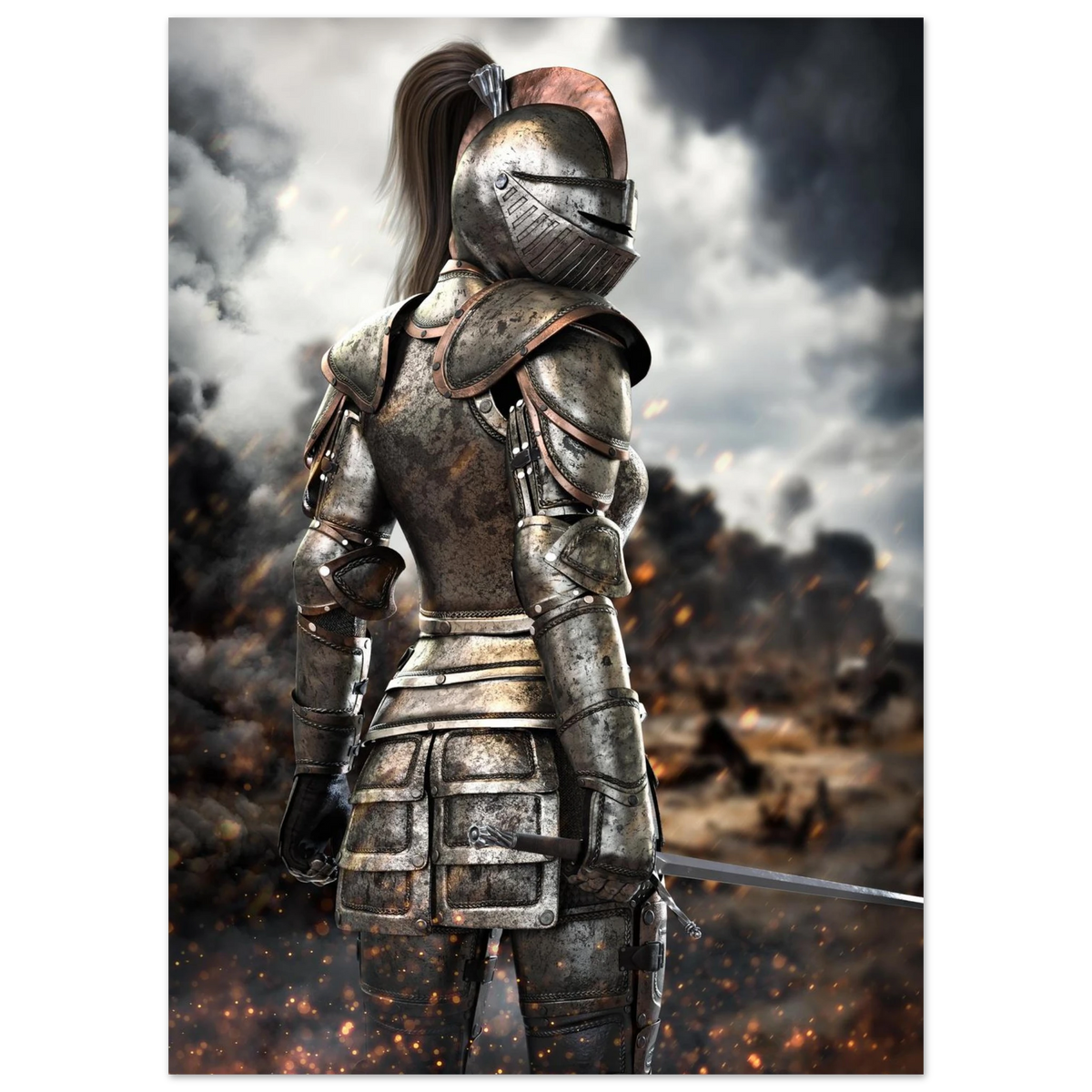 Female knight in battle-worn medieval armor holding a sword on a dramatic fantasy battlefield with smoke, fire and glowing embers.