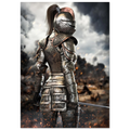 Female knight in battle-worn medieval armor holding a sword on a dramatic fantasy battlefield with smoke, fire and glowing embers.