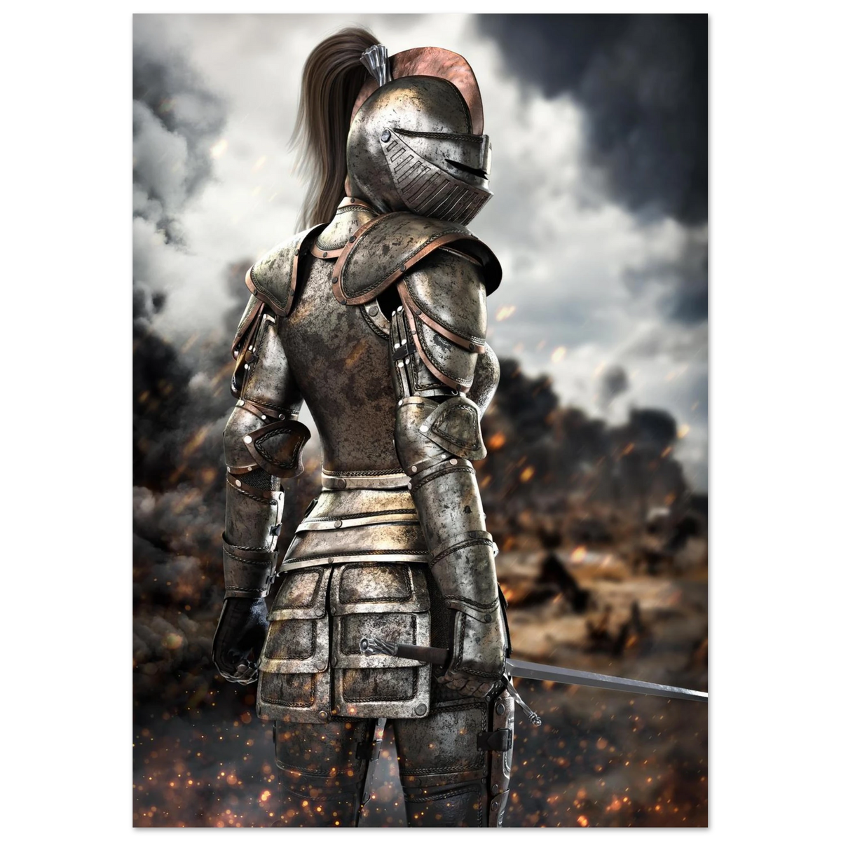 Female knight in battle-worn medieval armor holding a sword on a dramatic fantasy battlefield with smoke, fire and glowing embers.