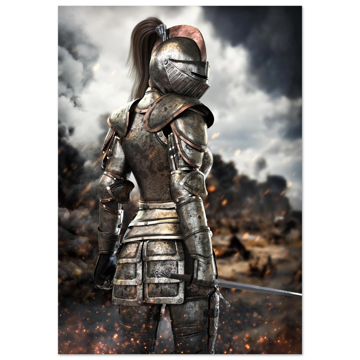 Female knight in battle-worn medieval armor holding a sword on a dramatic fantasy battlefield with smoke, fire and glowing embers.