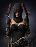 Hooded female pirate assassin holding dual flintlock pistols in black corsair clothing, dark fantasy digital download wall art
