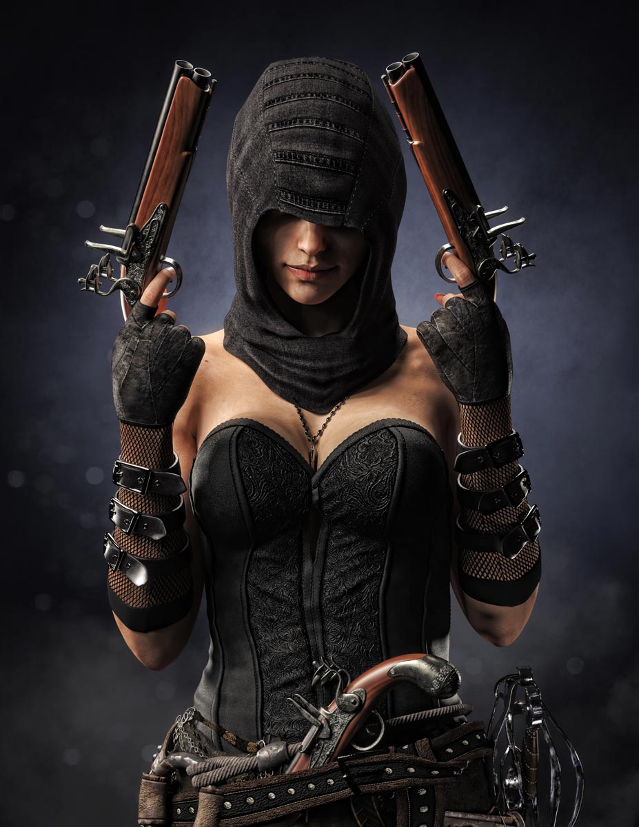 Hooded female pirate assassin holding dual flintlock pistols in black corsair clothing, dark fantasy digital download wall art