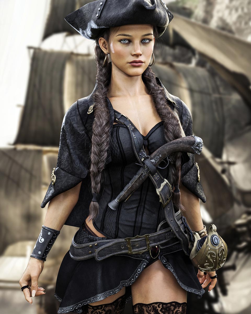 Female pirate captain in black corsair clothing and tricorn hat aboard a sailing ship, fantasy digital download printable wall art