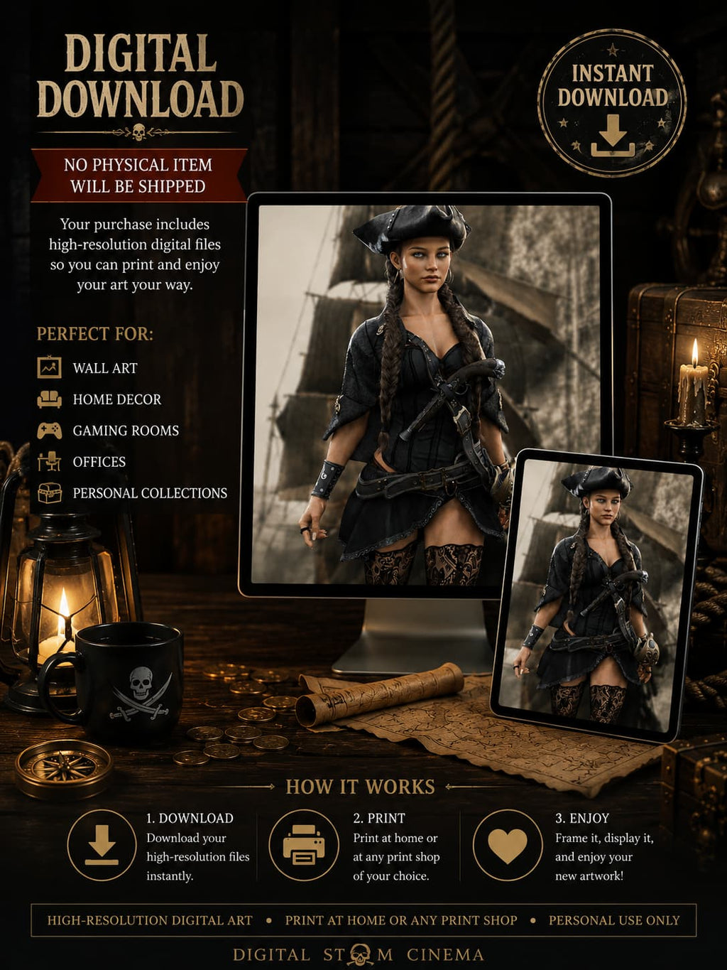 Female pirate captain in black corsair clothing and tricorn hat aboard a sailing ship, fantasy digital download printable wall art