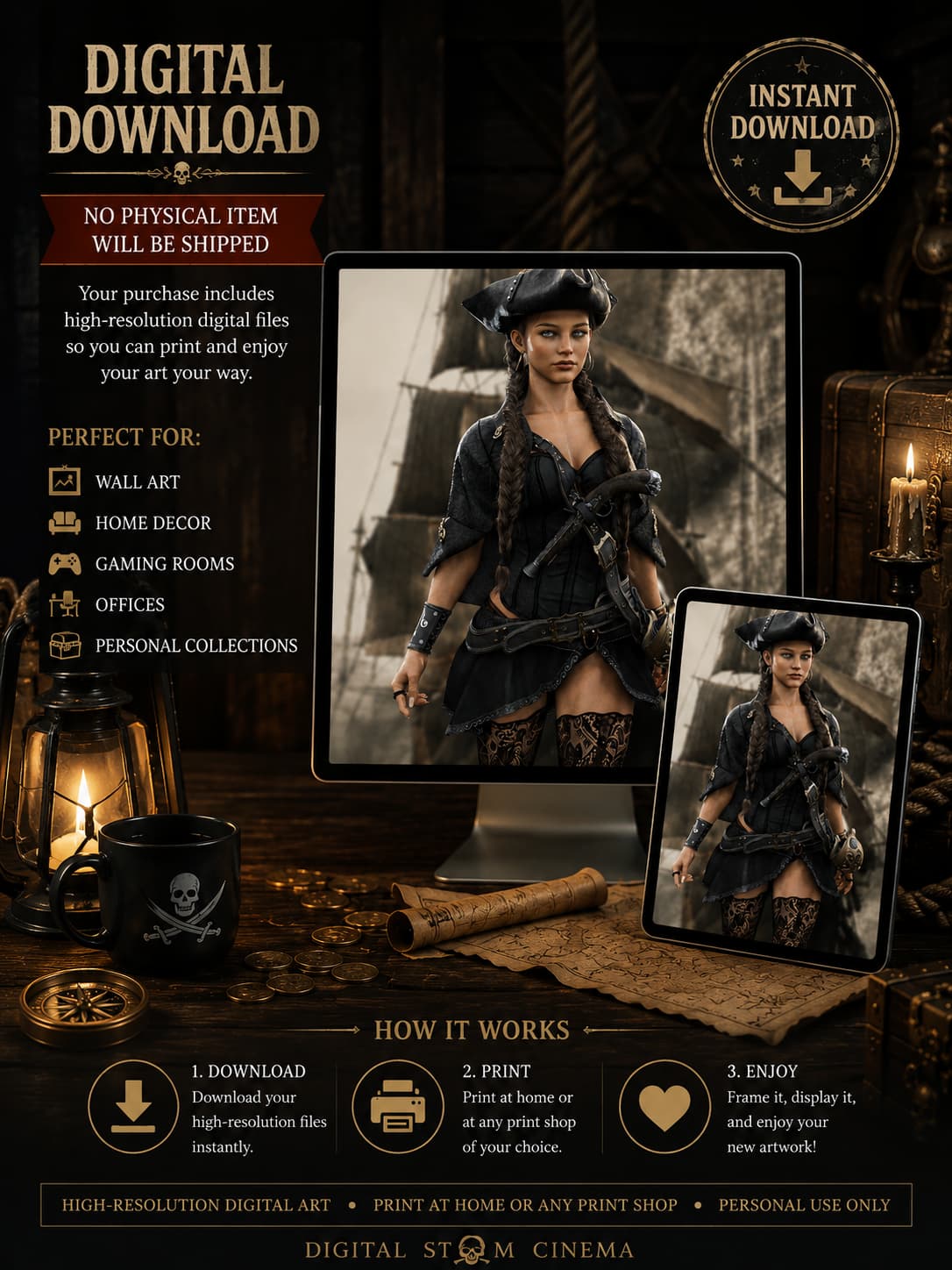 Female pirate captain in black corsair clothing and tricorn hat aboard a sailing ship, fantasy digital download printable wall art