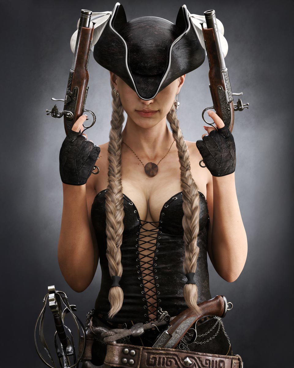Female pirate digital download dark fantasy wall art with tricorn hat and dual antique pistols