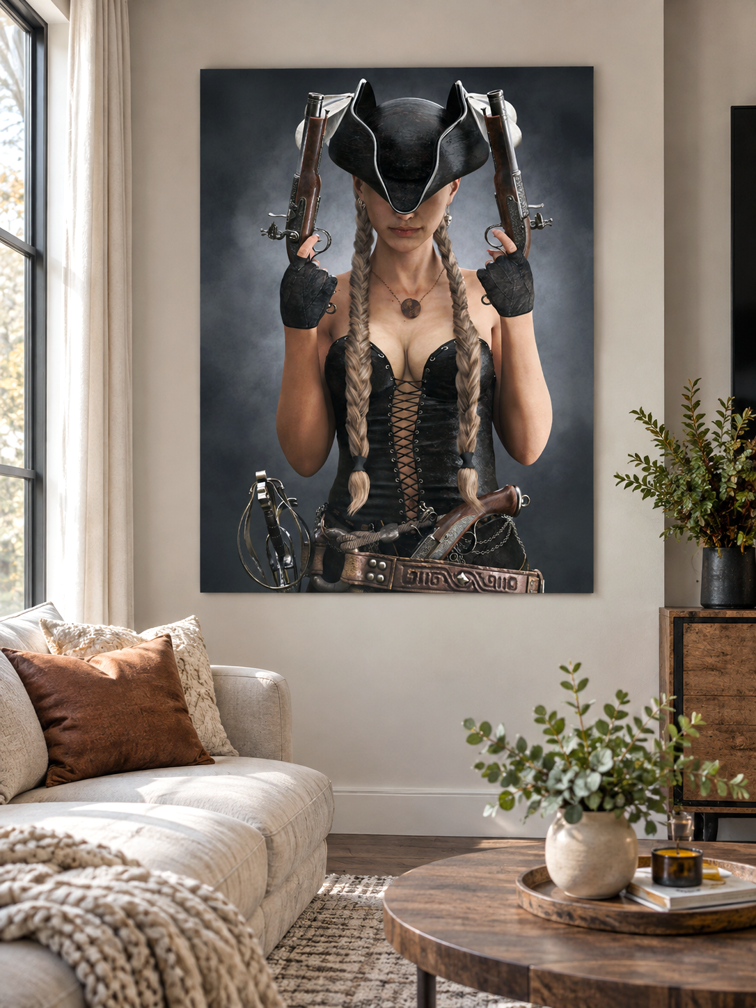 Female pirate fantasy poster displayed in a bright modern living room, showcasing detailed fantasy character wall art as dramatic home decor.