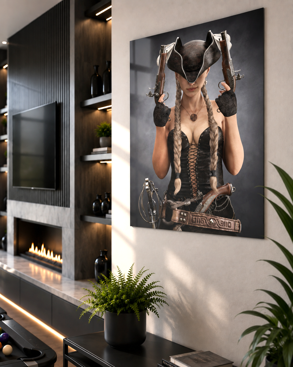 Female pirate fantasy poster displayed in a dark upscale office, creating dramatic statement wall decor with detailed character artwork.
