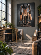 Female pirate fantasy wall art displayed in a modern office with natural light, showcasing a large premium poster as statement decor.