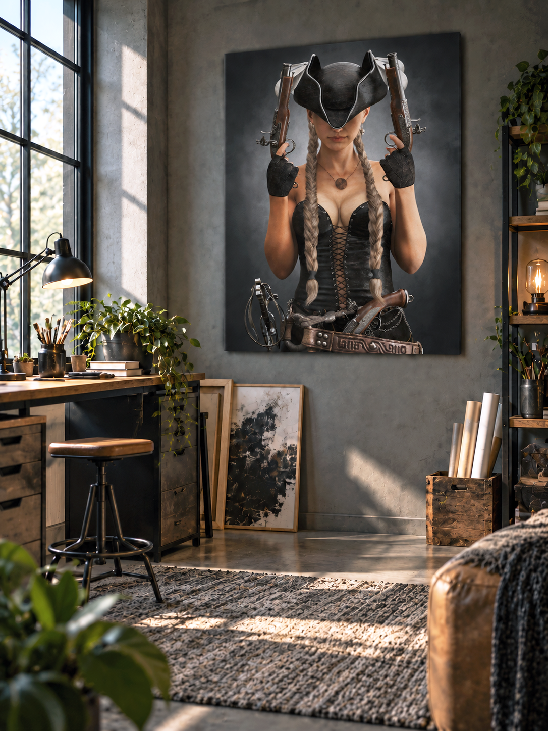 Female pirate fantasy wall art displayed in a modern office with natural light, showcasing a large premium poster as statement decor.