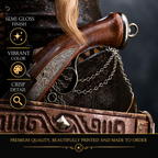 Close-up of female pirate fantasy poster showing an ornate flintlock pistol, detailed leather costume, jewelry and crisp semi-gloss print detail.
