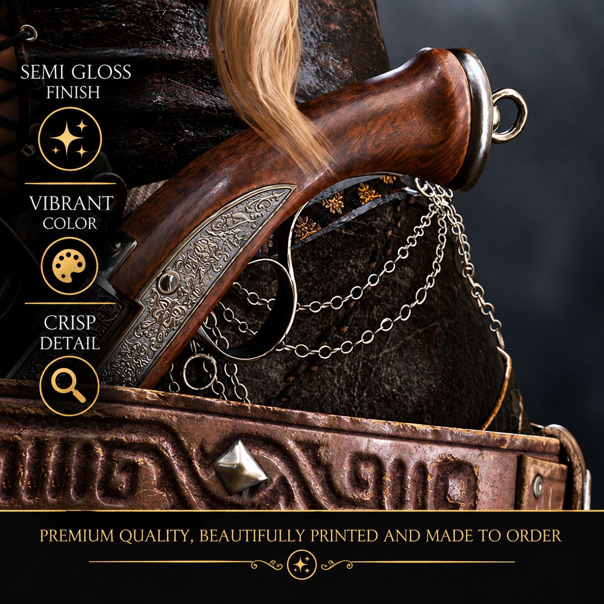 Close-up of female pirate fantasy poster showing an ornate flintlock pistol, detailed leather costume, jewelry and crisp semi-gloss print detail.