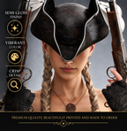 Close-up of female pirate fantasy wall art showing detailed facial features, dark pirate hat and premium semi-gloss poster print quality.