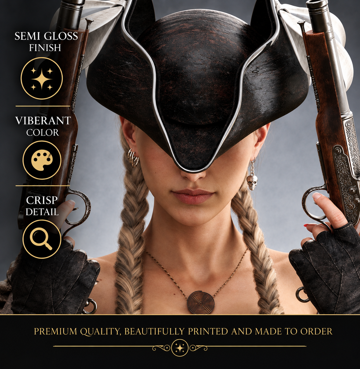 Close-up of female pirate fantasy wall art showing detailed facial features, dark pirate hat and premium semi-gloss poster print quality.