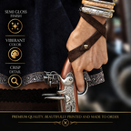 Close-up of a female pirate holding an ornate flintlock pistol, showcasing semi-gloss finish, vibrant color and crisp fantasy poster detail.
