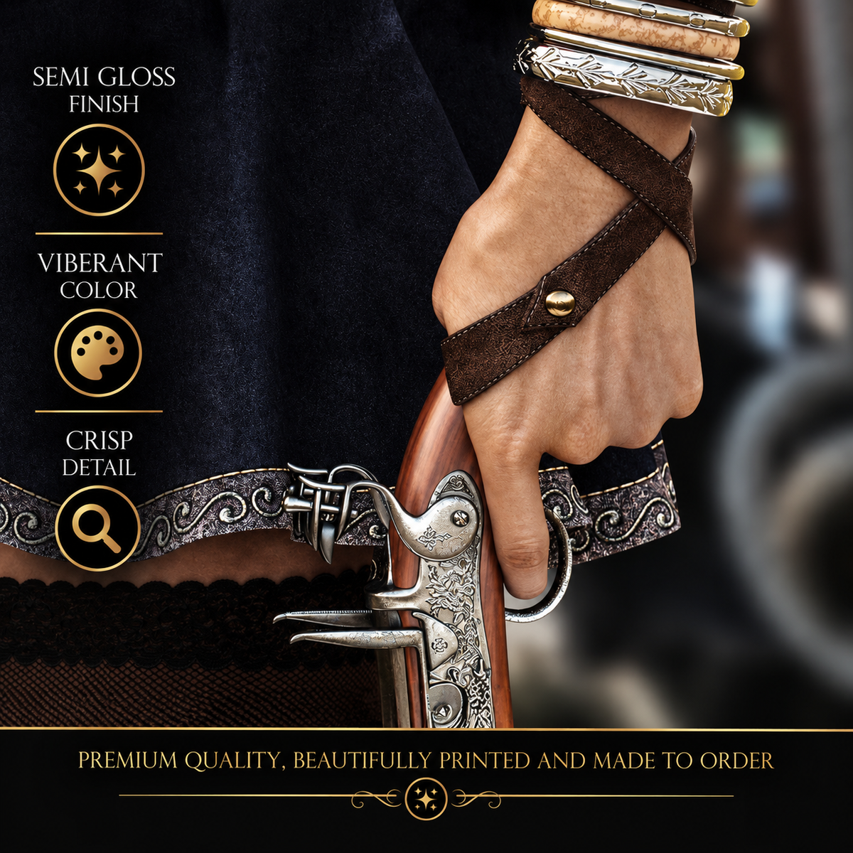 Close-up of a female pirate holding an ornate flintlock pistol, showcasing semi-gloss finish, vibrant color and crisp fantasy poster detail.